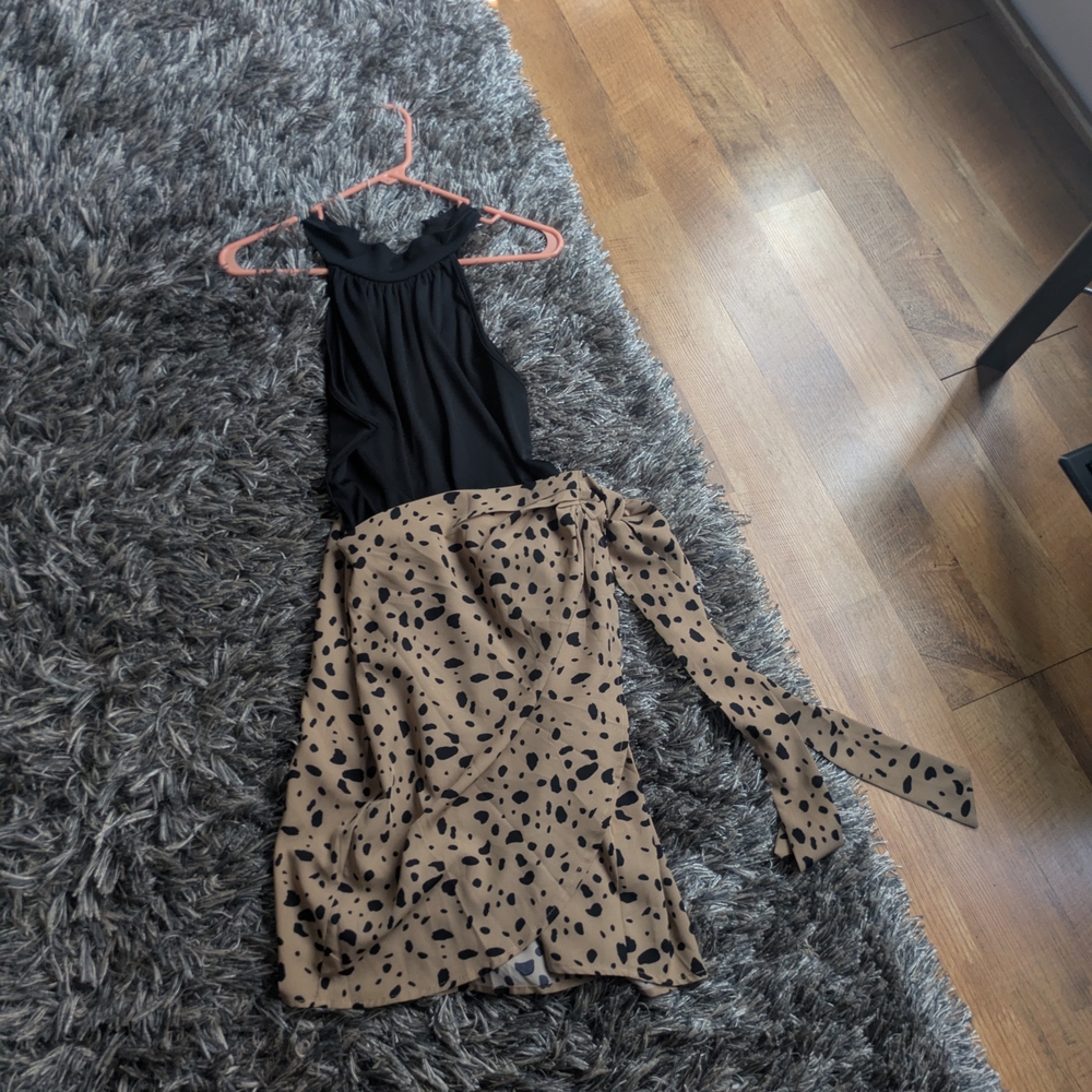 SHEIN Black Halter Top with Beige Black-Spotted Midi Skirt Set
